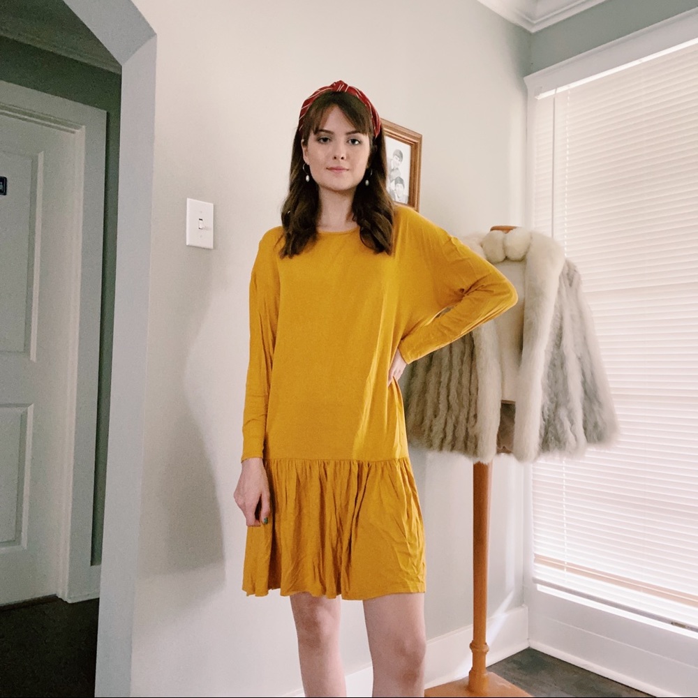 Boohoo Yellow Long Sleeve Drop Waist Cotton Dress